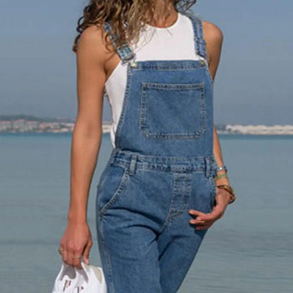 Denim Overalls with Pockets Distressed Denim Overalls Stylish Plus Size Denim Jumpsuit with Adjustable Straps Side Pockets