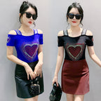 Aoxison Summer Short Sleeved Women's T-Shirt Elegant Slim Shiny Love Heart Diamonds Mesh Tops Chic Girl Sexy Off Shoulder Tees