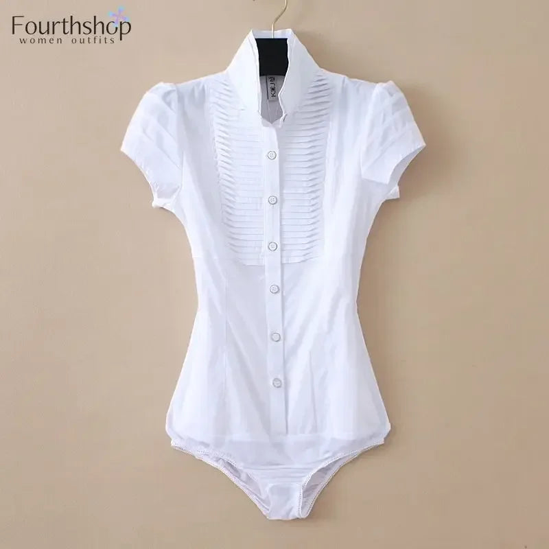 Elegant Bodysuit Women Short Sleeve White Color Shirring Design Blouses And Tops Office Lady Work Wear Formal Body Shirt Female