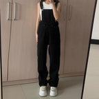 Denim Jumpsuit Summer Women Vintage Preppy Style Pockets Loose Fit High Waist Wide Leg Overalls Streetwear Straight Jeans