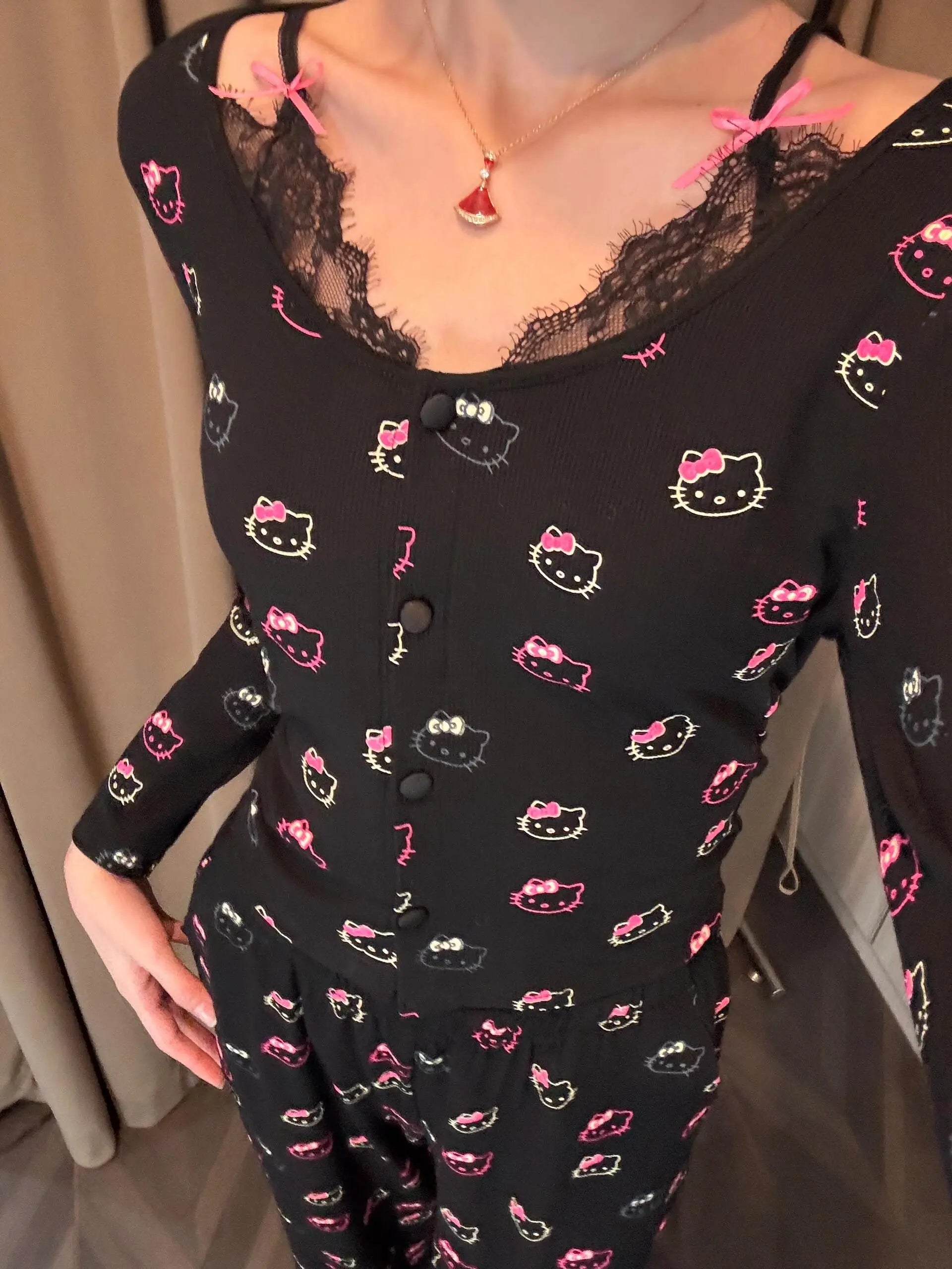 2Pcs/Set Girl's Cotton Pajama Built-in Bra Outdoor Wear Spring Autumn Hello Kitty Collection Home Clothing Sanrio Loungewear