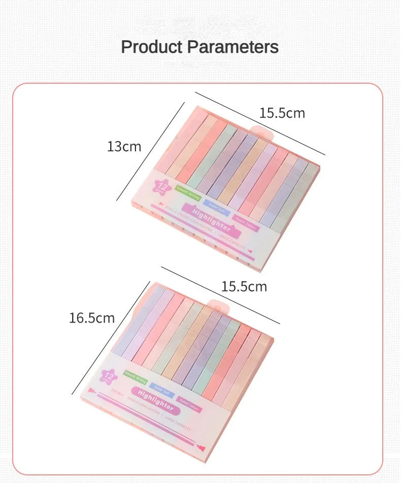 12 Pcs/Set Double Tip Highlighter Pens Kawaii Manga Markers Midliner Pastel Gel Set Stationery Journal School office Supplies