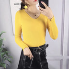 2025 Autumn Winter Women Solid Rib Knit V Neck Stripe Pull Sweater Femme Y2k Long Sleeve Pullover Jersey Tops Fashion Clothes