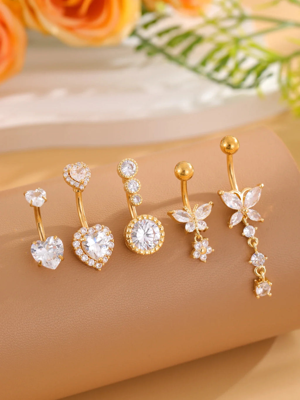 14G Gold Color Series Butterfly Dangled Belly Piercing Sets 5PCS/Lot Heart Flower Curved Navel Navel Ring Belly Button Rings