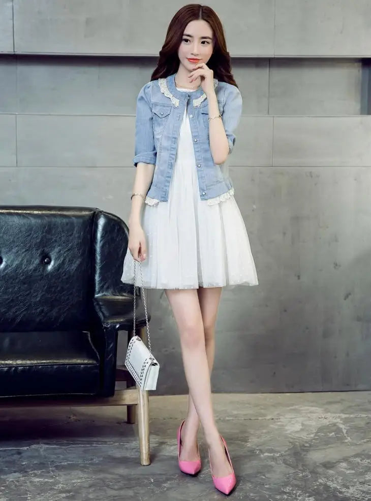 2023 Spring/Summer New Denim Jacket Women's Korean Casual Slim All-Match Short Crop Sleeve Short Sleeve Denim Button Up Top