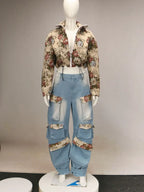 BWQ Washed Denim Women's Set Full Sleeve Floral Jacket and Pockets Cargo Jeans Pants Suit 2025 Street Two 2 Piece Set Outfit