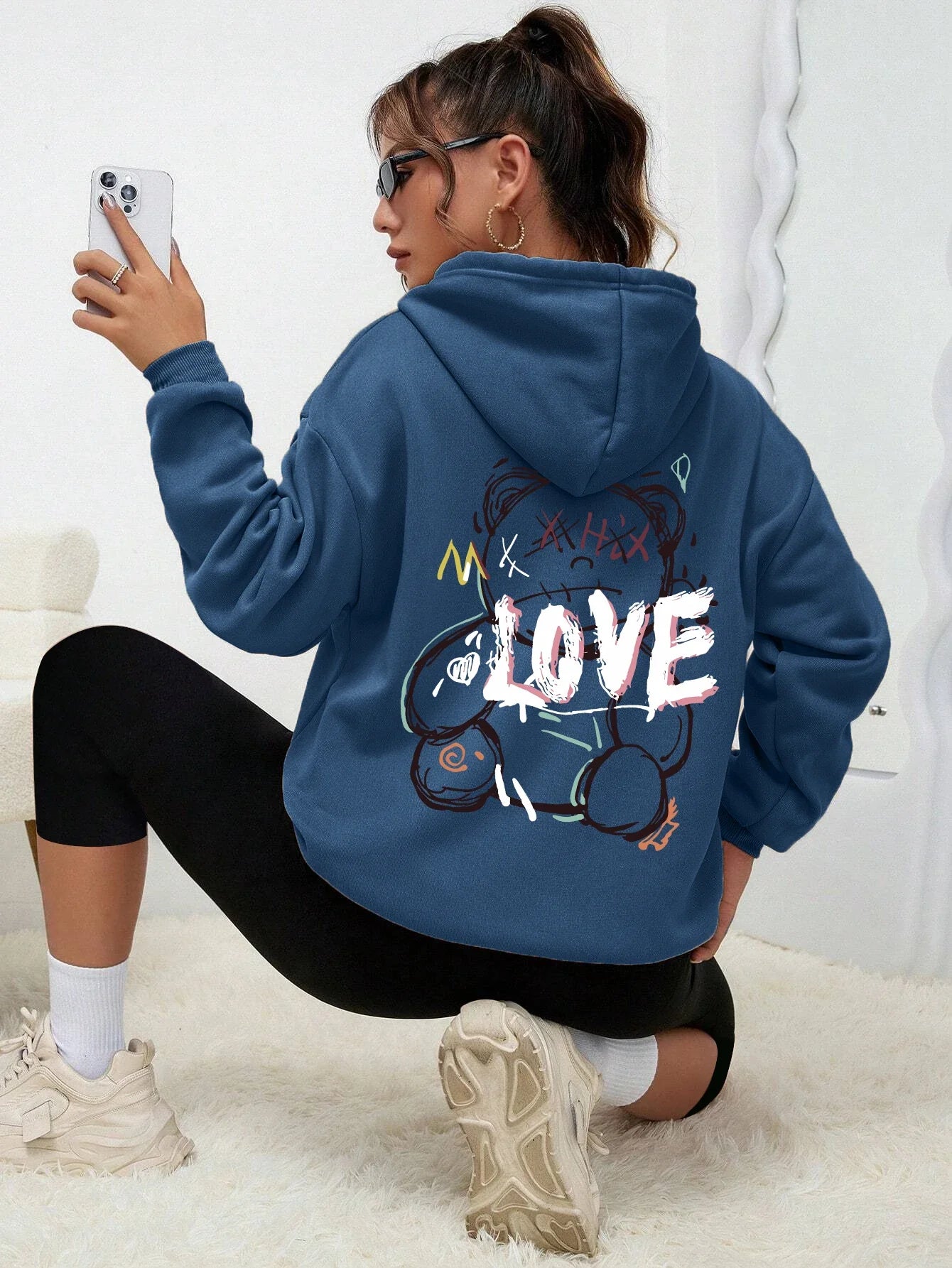 Graffiti Line Bear Simple Print Female Hoody Harajuku S-Xxl Sweatshirt Fashion Casual Street Hooded Autumn Warm Streetwear Women