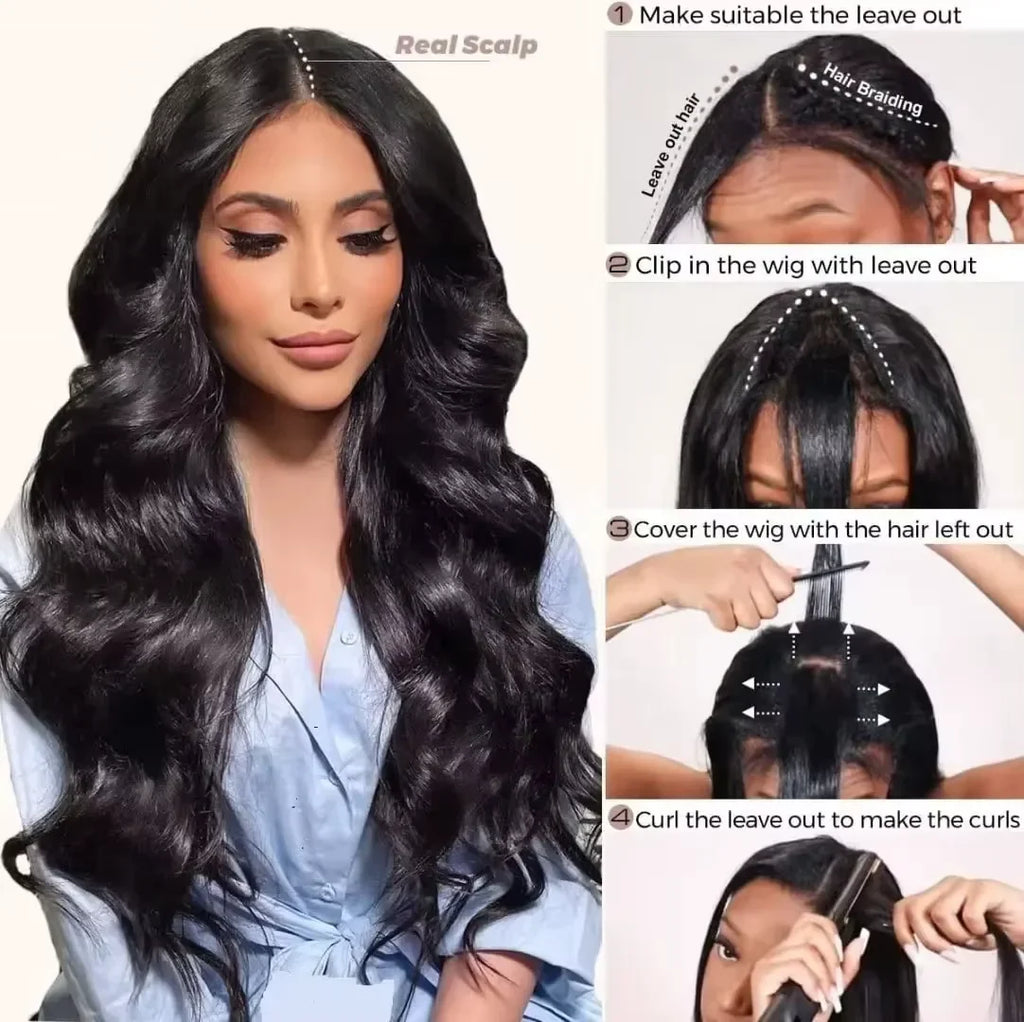 Body Wave V Part Wigs Human Hair 250% Density For Women Full Head Clip In Half Wig No Leave Out Body Wave Wig For Black Women