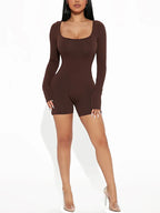 2025 Spring and Summer New Fashion Women's Long Sleeve Jumpsuit Shorts  Long Sleeve Sexy Slim Jumpsuit U Neck Jumpsuit