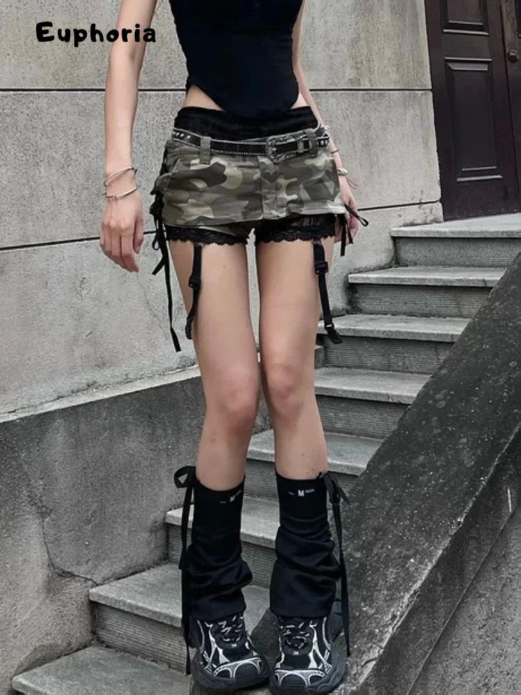 Euphoria American Y2k Mini Skirt With Lace Women Gothic Punk Camouflage Denim Skirt Streetwear Summer Harajuku Retro Spicy Y2k
