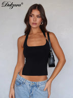Dulzura Sleeveless Halter Side Slit Top With Button Sexy Casual Tank Party Club Streetwear Women'S Autumn Winter Clothes