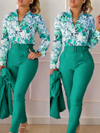 Elegant Women Printed Two Piece Suit Sets Spring Autumn V Neck Long Sleeve Shirt Top & Long Pants Set With Belt Workwear Outfits