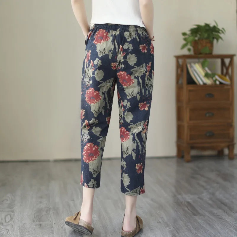 1pcs Spring Summer Women Cotton Comfort Breathable Pants Female Grid Flower Print Casual Loose Pant Lady Haren Straight Leg Pant