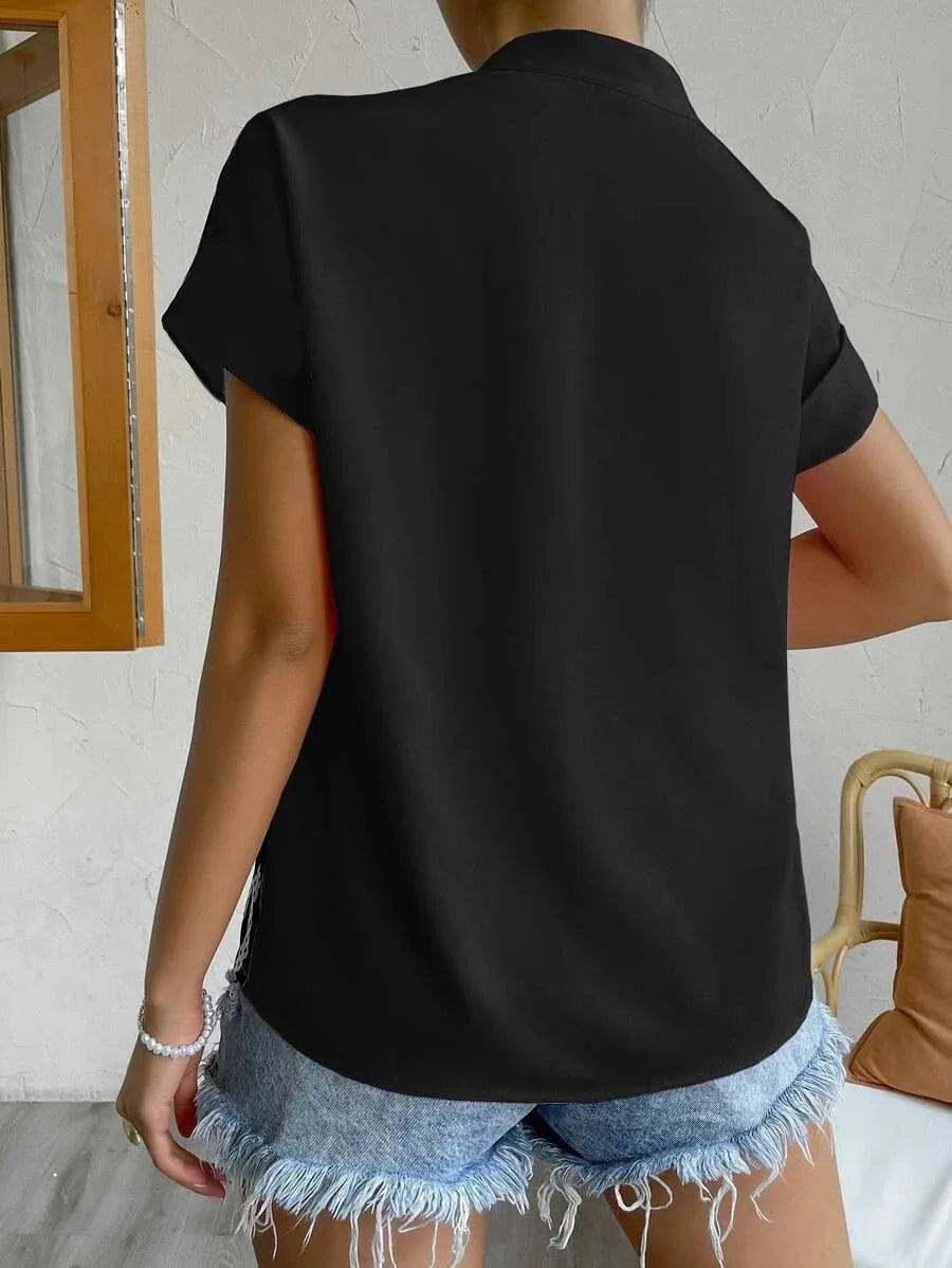 2024 Summer V-neck Women's Shirt Casual Office Lady Solid Color Short Sleeve Single Breasted Elegant Women Blouse Femme Blusas