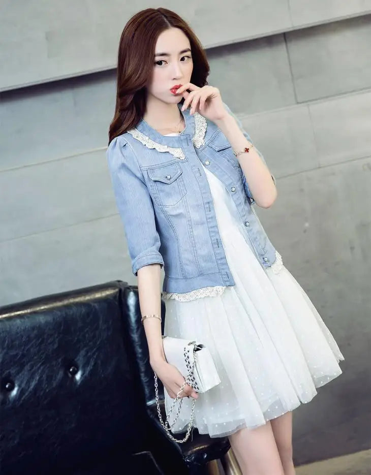 2023 Spring/Summer New Denim Jacket Women's Korean Casual Slim All-Match Short Crop Sleeve Short Sleeve Denim Button Up Top