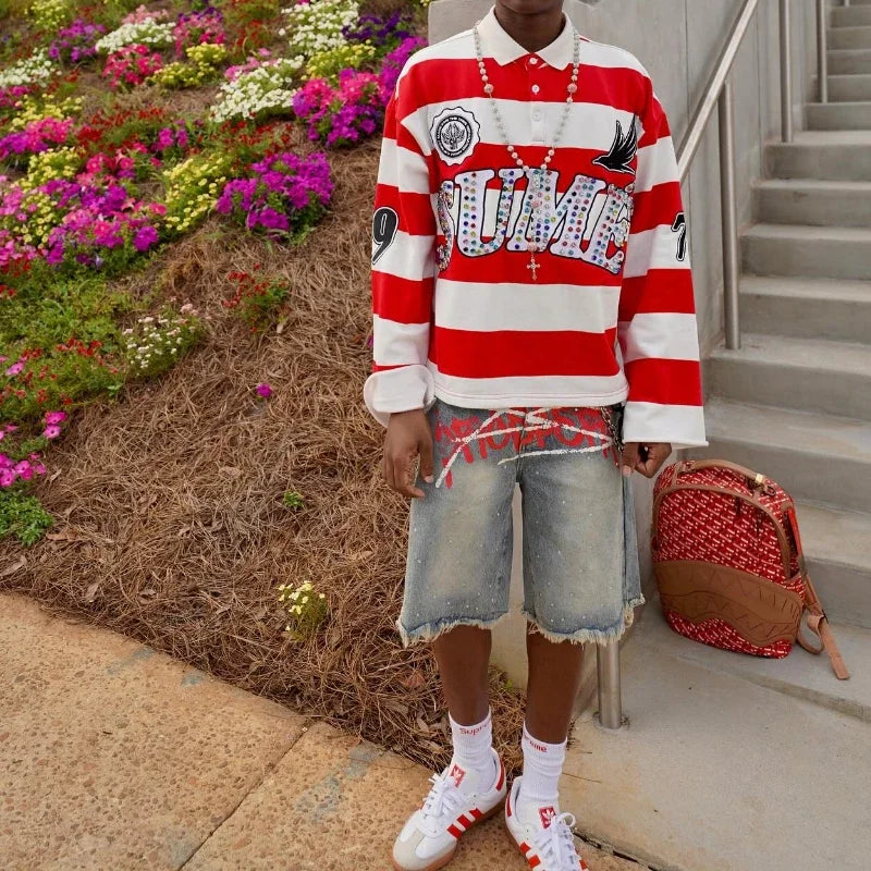 Couple summer washing fashion rhinestone striped two-piece set of denim shorts original color casual printing five-point pants