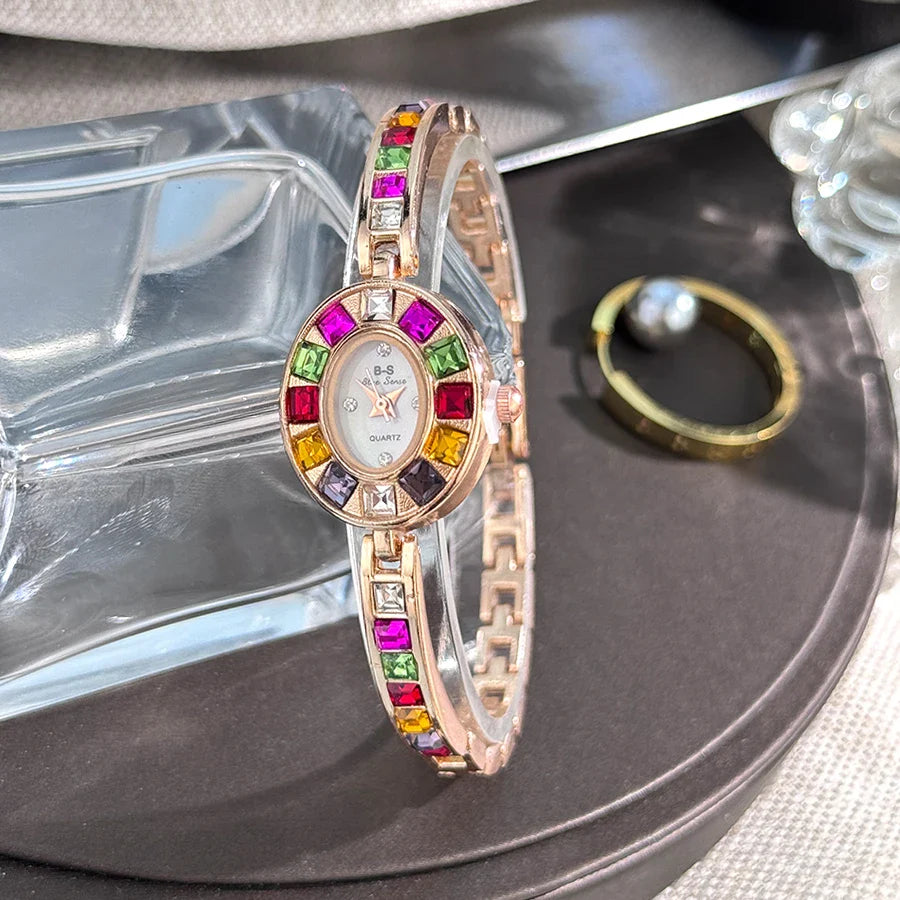 Color zircon advanced sense diamond set women's watch niche bracelet bracelet Small exquisite quartz watch cross-border hot sale