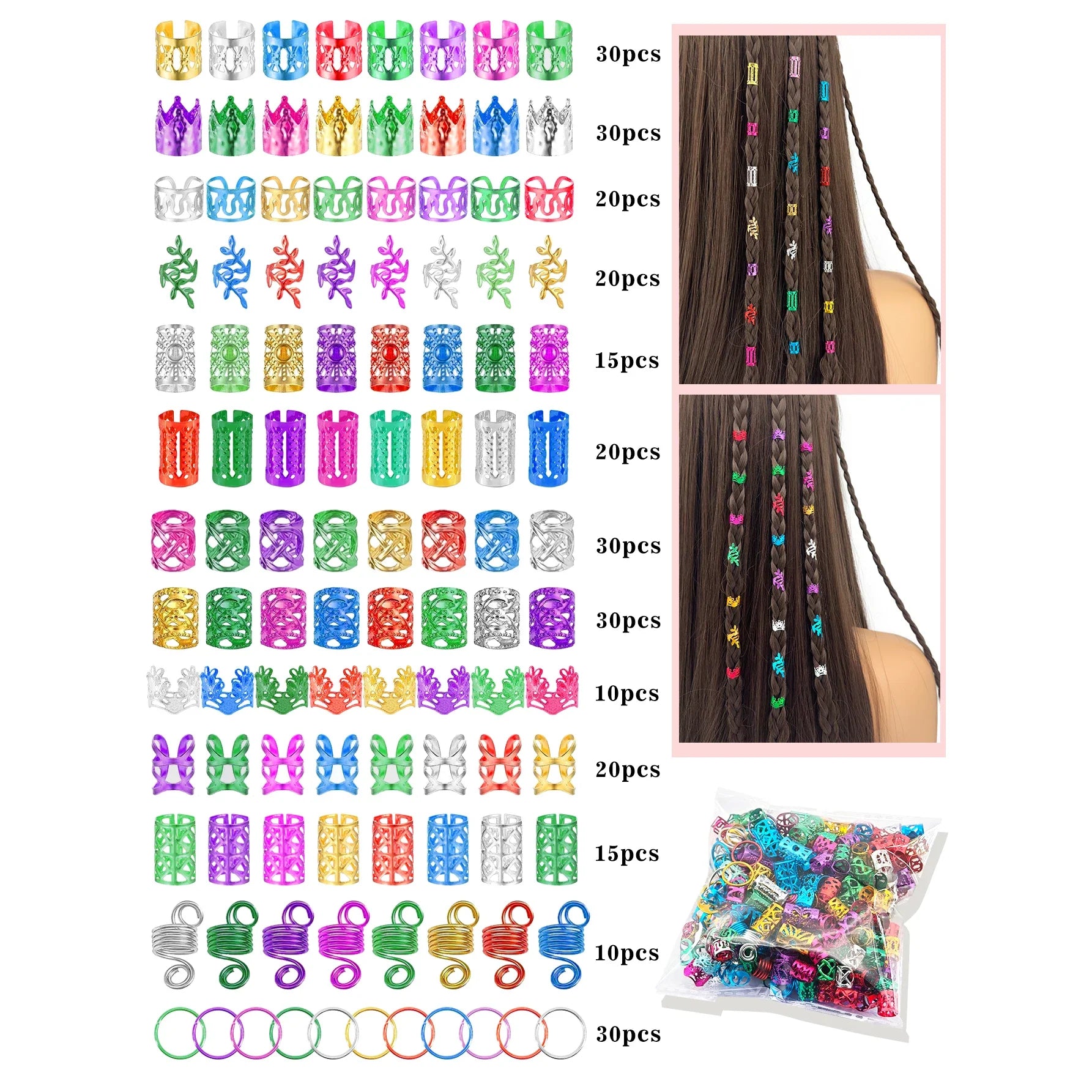 280pcs  Alloy Hair Accessories Set, Elegant BOHO Style, Hollow Beaded Designs, Round Shape, Solid Color Hair Jewelry
