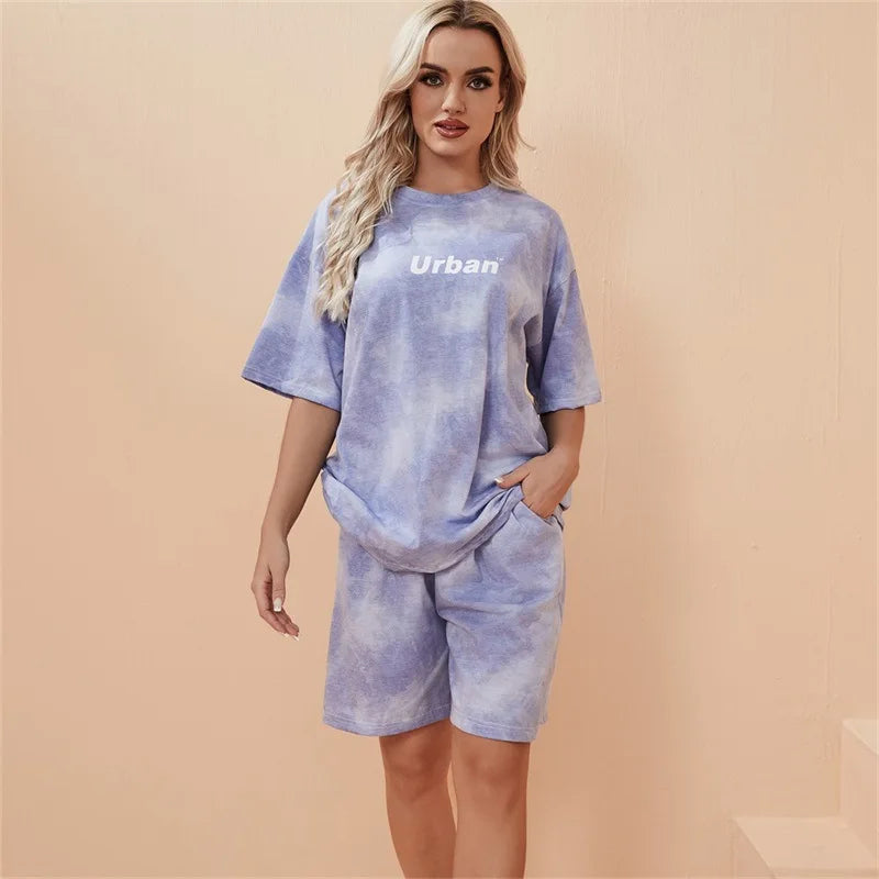 2Piece Suit Women T-Shirt Shorts Set Tie Dye Loose tshirt and wide leg middle shorts with pockets female Casual Soft Summer Sets