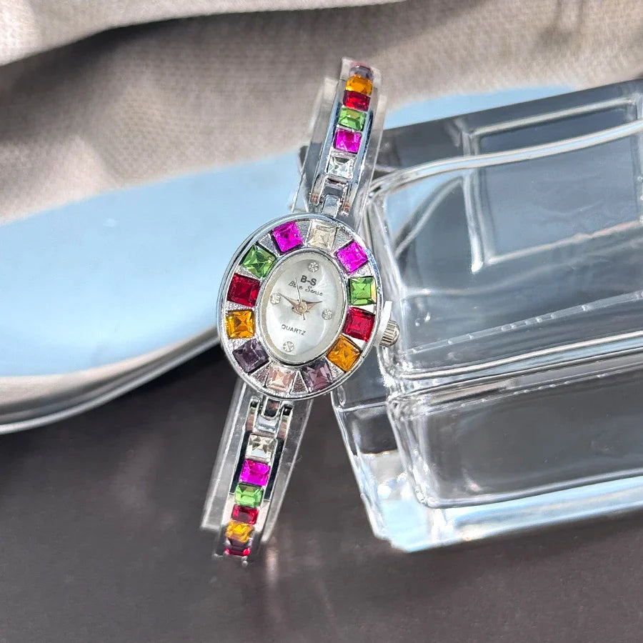 Color zircon advanced sense diamond set women's watch niche bracelet bracelet Small exquisite quartz watch cross-border hot sale