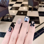 10Pcs Short Square Round Handmade Nails Bow Black and White Bear Fake Nail Diamond Decoration Removable Wearable Nail for Women