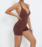 Gym Sport Jumpsuit Short Jumpsuit with Pocket Women Sportswear One Piece Yoga Set Sexy Backless Scrunch Fitness Overalls Romper