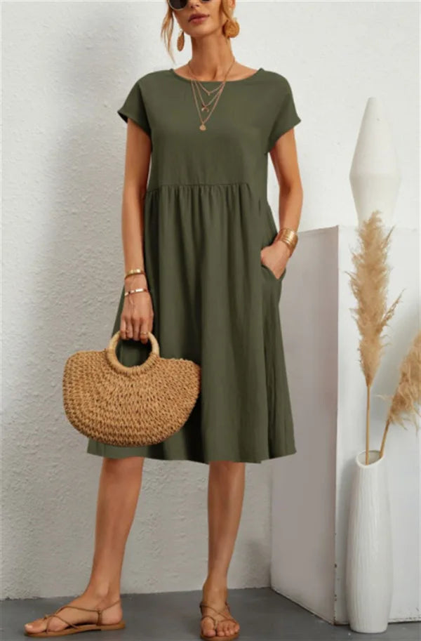 Cotton Linen Dress For Women Summer Casual Splicing Pocket Dresses Vestido Fashion Female Clothing Short Sleeve Loose Midi Dress