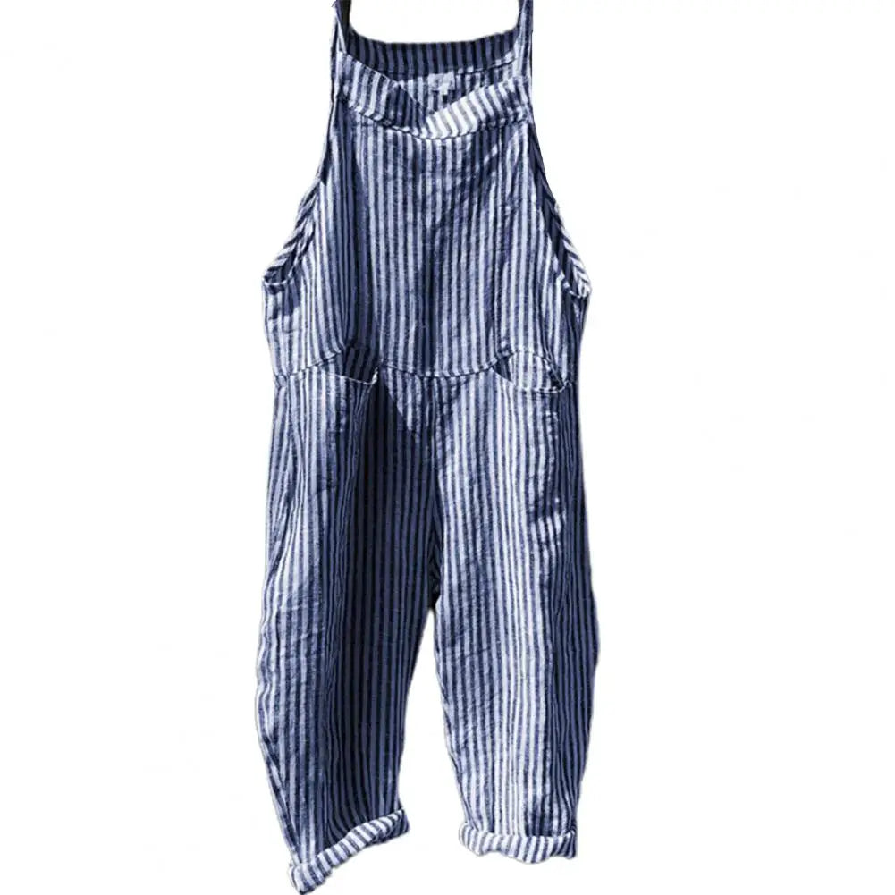 Casual Striped Print Sleeveless Jumpsuit Sling Big Pockets Wide Leg Summer Jumpsuit Women Female Clothing
