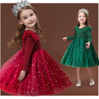 2025 Red Christmas Dress for Baby Girls Winter Long Sleeve Mesh Dresses for 3-8Yrs Kid Star Sequin Birthday Party Princess Dress