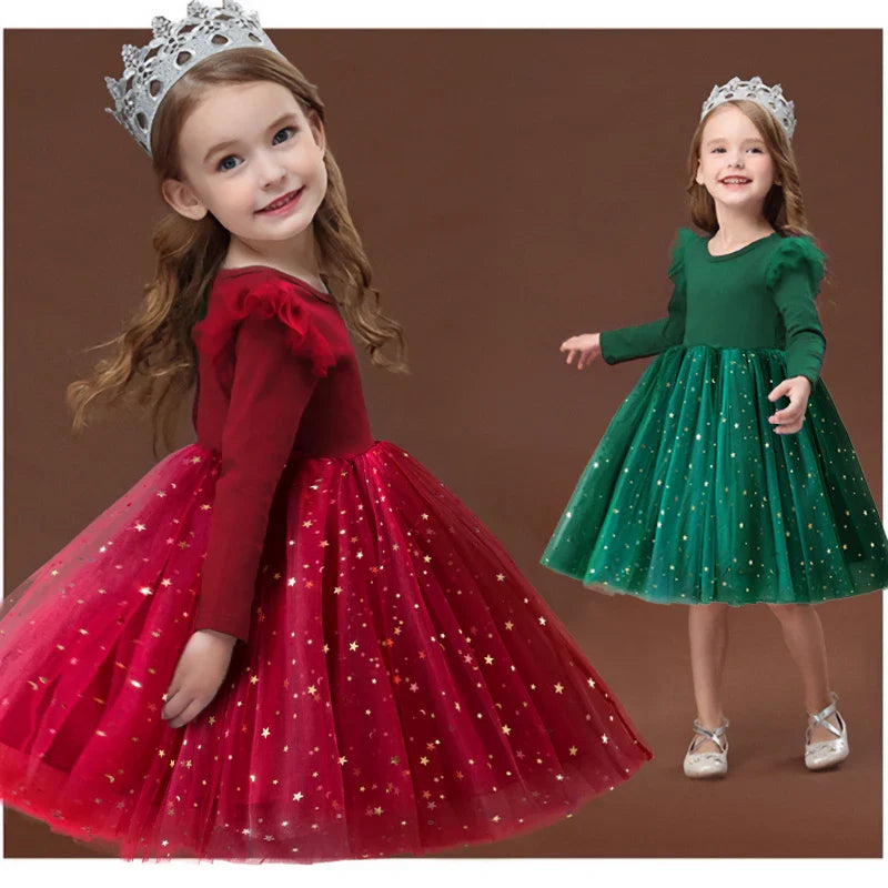 2025 Red Christmas Dress for Baby Girls Winter Long Sleeve Mesh Dresses for 3-8Yrs Kid Star Sequin Birthday Party Princess Dress