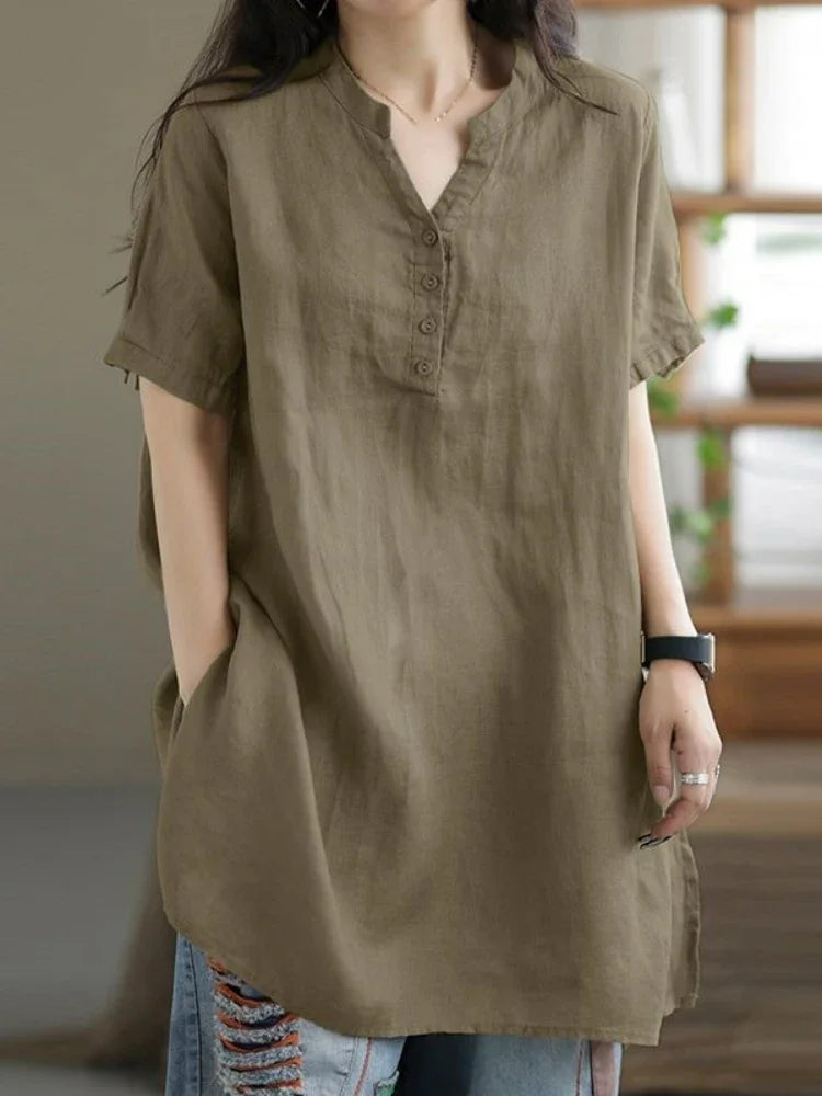 2024 Summer Fashion Cotton and Hemp Women's Shirt Commuting Style Casual Half Open Short Sleeve Casual Shirt Top