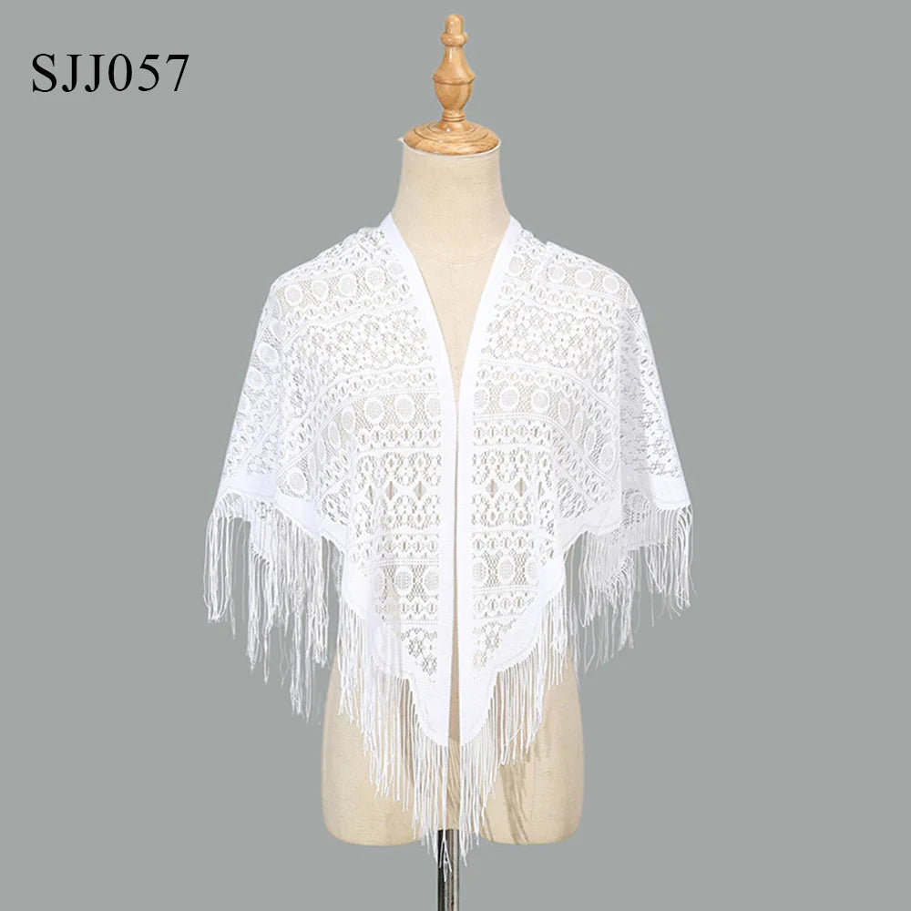 2024 White/Black Catholic Woman Spanish Style Lace Tassel Church Veil Head Covering Long Veil Floral Scarves Wedding Accessories
