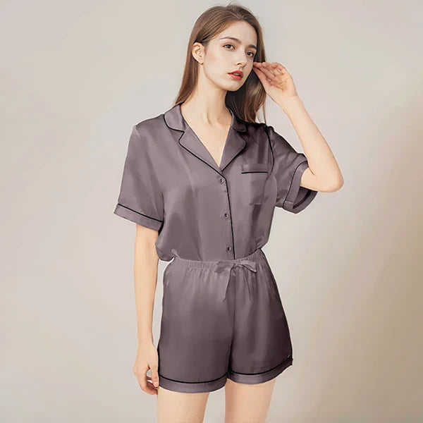 100% Real Mulberry Silk Womens Pajamas Set Sleepwear Pjs Button Down Short Sleeve Shirt Top and Shorts Loungewear 2 Piece M-4XL