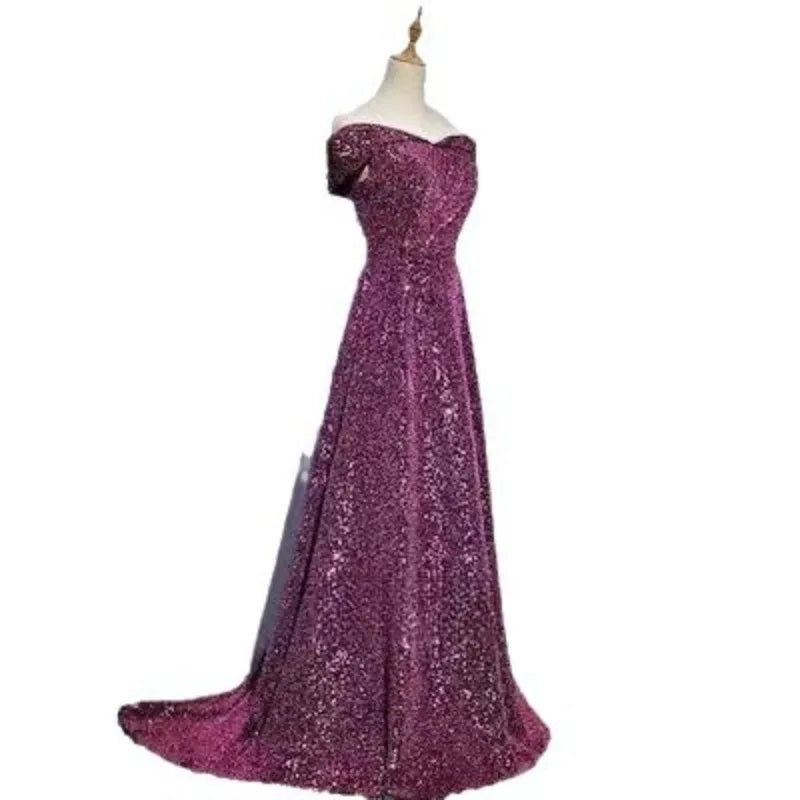 2025 New Women's Sparkling Purple Skirt One Shoulder Small Tail Evening Dress Fashionable Slimming Banquet Host Dress