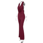 Dulzura Summer Solid Sexy Halter Swinging Collar Backless Slim Lace Up Flared Jumpsuit Women'S Fashion Elegant Party Club Romper