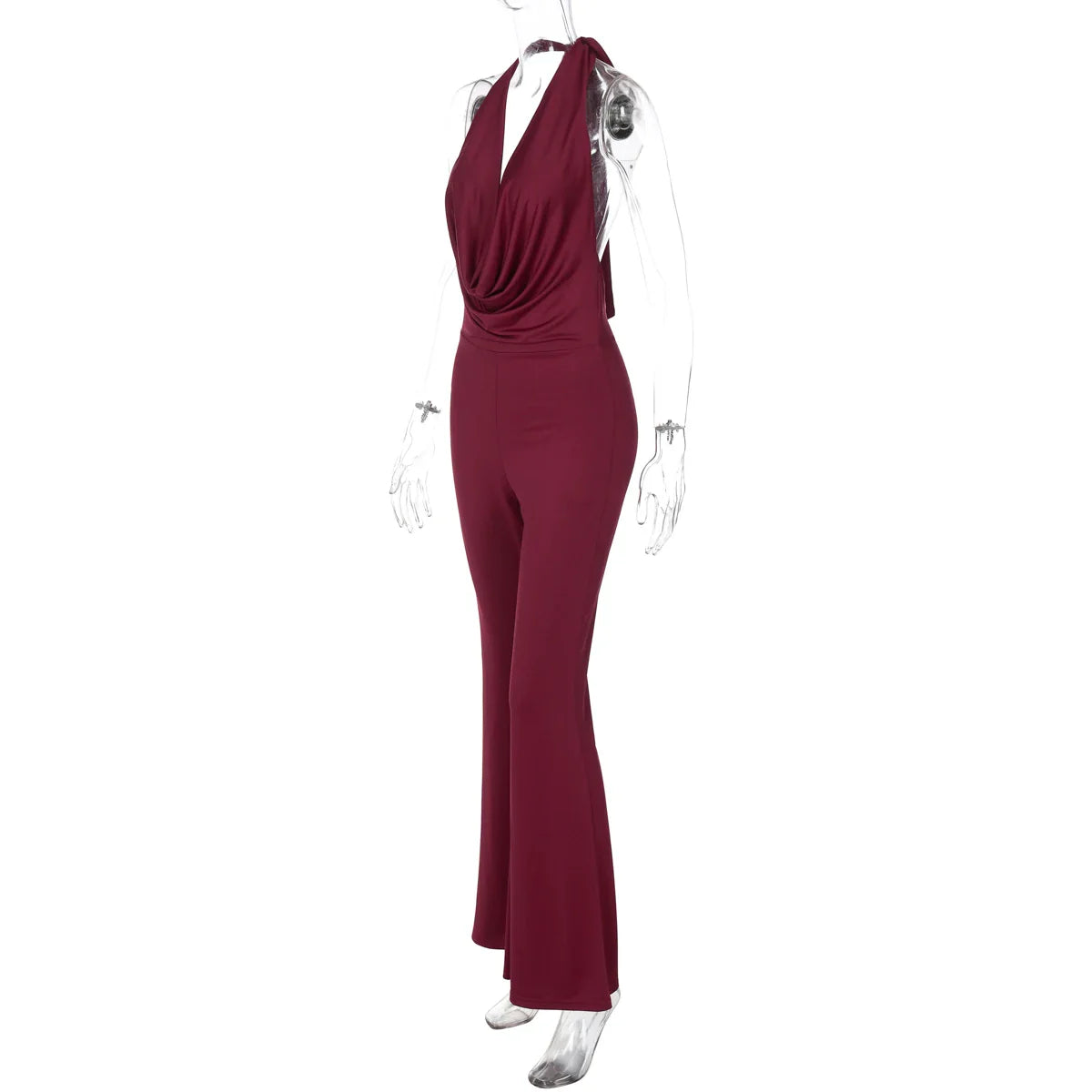 Dulzura Summer Solid Sexy Halter Swinging Collar Backless Slim Lace Up Flared Jumpsuit Women'S Fashion Elegant Party Club Romper