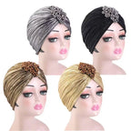 Ethnic Gathered Headscarf with Clover Crystal Gold Foil Print Fashion Hair Cover for Women Hijab Head Wrap Accessory