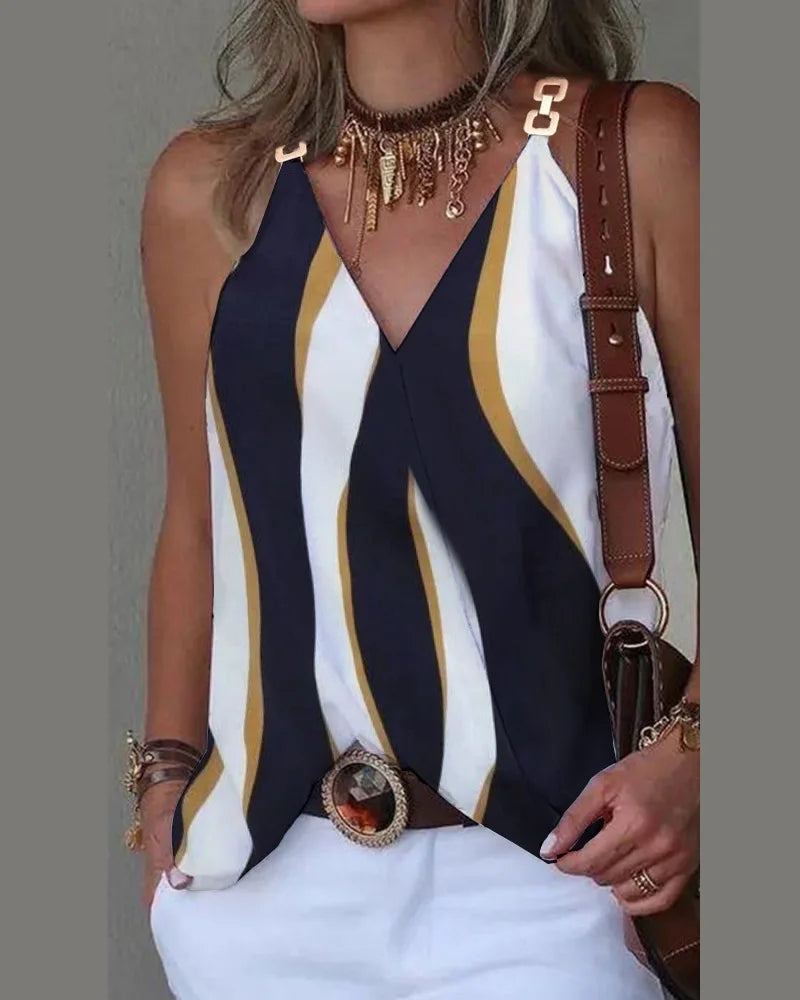 Elegant V-Neck Blouse for Women, Sexy Sleeveless Chain Print, Lady Casual Tops, White, Summer, 2024