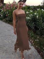 Dulzura Sleeveless Ruffles Patchwork Strapless Bodycon Midi Dress Women'S Solid Sexy Outfit Party Clubwear For Autumn Winter