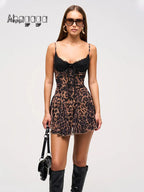 Ahagaga Sexy Leopard Women's Mini Dresses Camisole Sleeveless V-Neck Slim Fit Lace Bows Blackless Streetwear Bodycon Vestidos