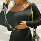 BIIKPIIK Casual Off Shoulder Solid Knitted Tops Concise Skew Collar Long Sleeve Autumn Tees For Women Sporty Irregular T-shirts