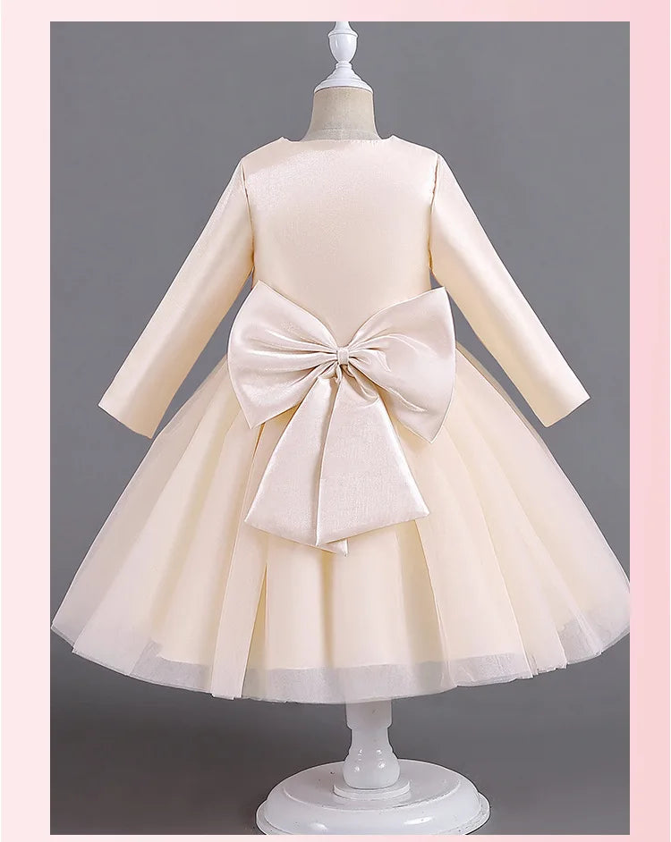 ELBCOS 4-14Y Girls Tie Crew Neck Long Sleeves Solid Color Fold Skirt Cardigan Coat Waist Bow Costumes Princess Party Dress Suit