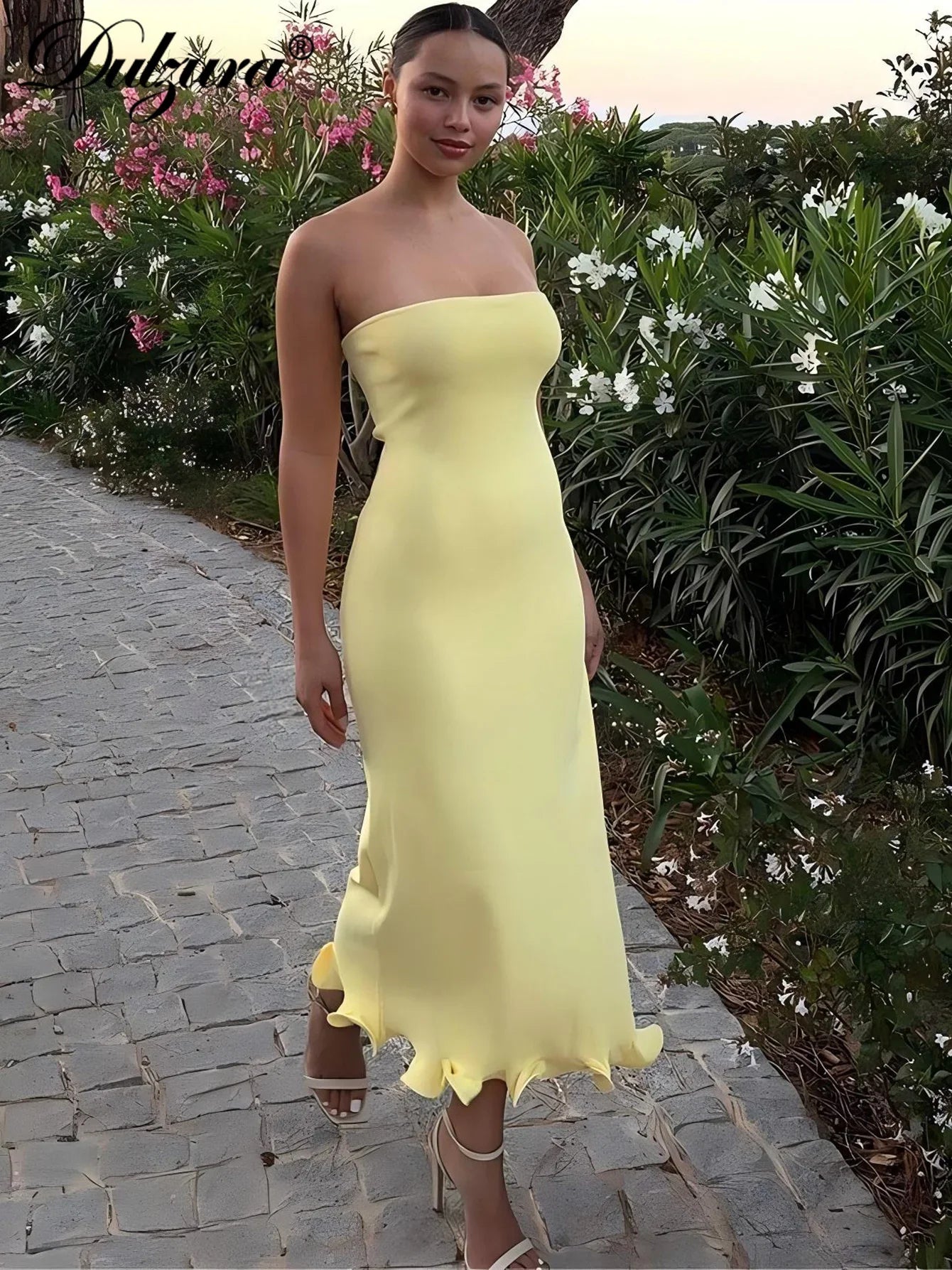 Dulzura Sleeveless Ruffles Patchwork Strapless Bodycon Midi Dress Women'S Solid Sexy Outfit Party Clubwear For Autumn Winter