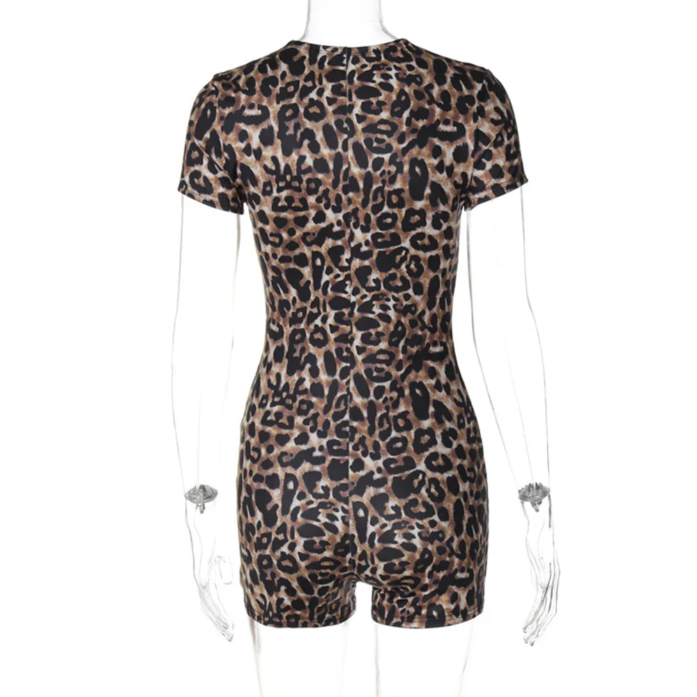 2024 Summer New Product Leopard Print short Sleeved V-neck Fashionable Tight Fitting Hip Lifting Jumpsuit For Women