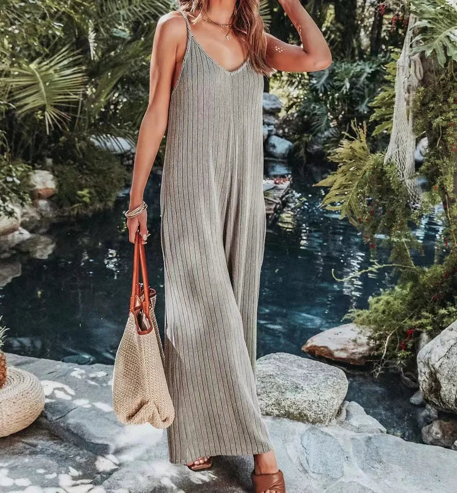 2023 AliExpress Europe and America New Jumpsuit Women's Cross border Summer Female Thread Backless Solid Color Sexy jumpsuit