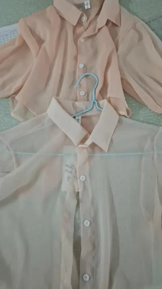 Casual Loose Hollow White Clothes Elegant Solid Color Tied Waist Blouse Women Summer Bat Half Sleeve Button Chiffon Shirt 9776