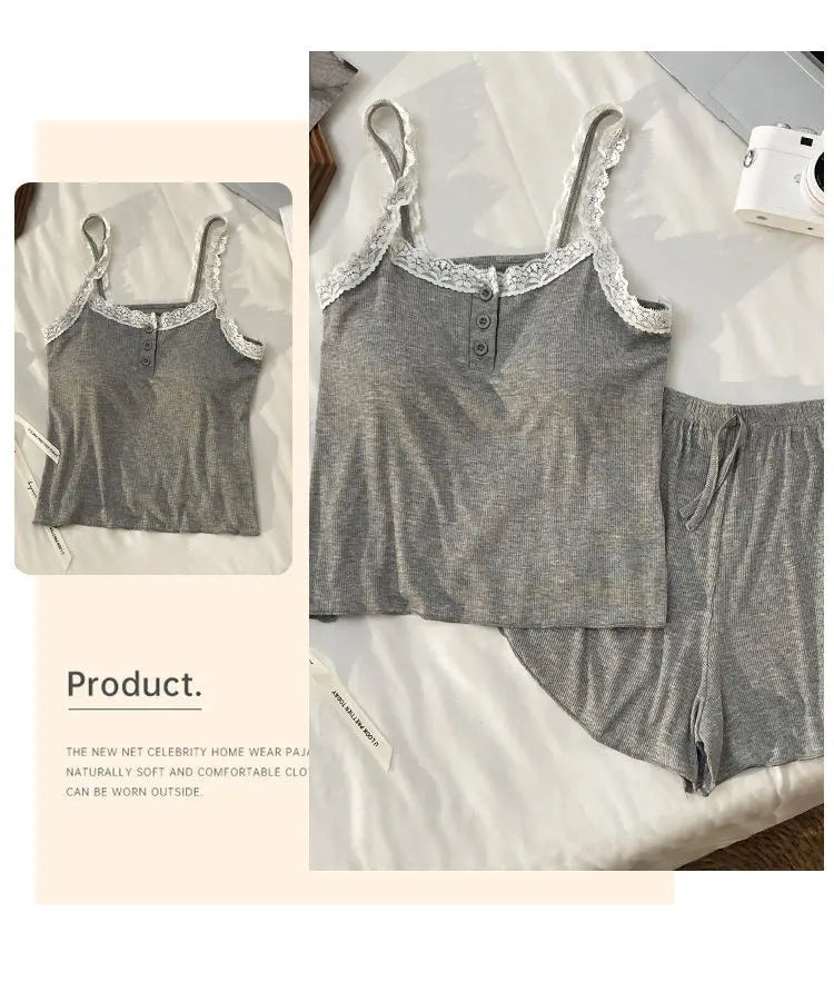 Casual Women Pajamas Summer Sleepwear Spaghetti Strap Shorts Sets 2 Pieces Night Wears O-neck Korean Sleeping Solid Home Suit