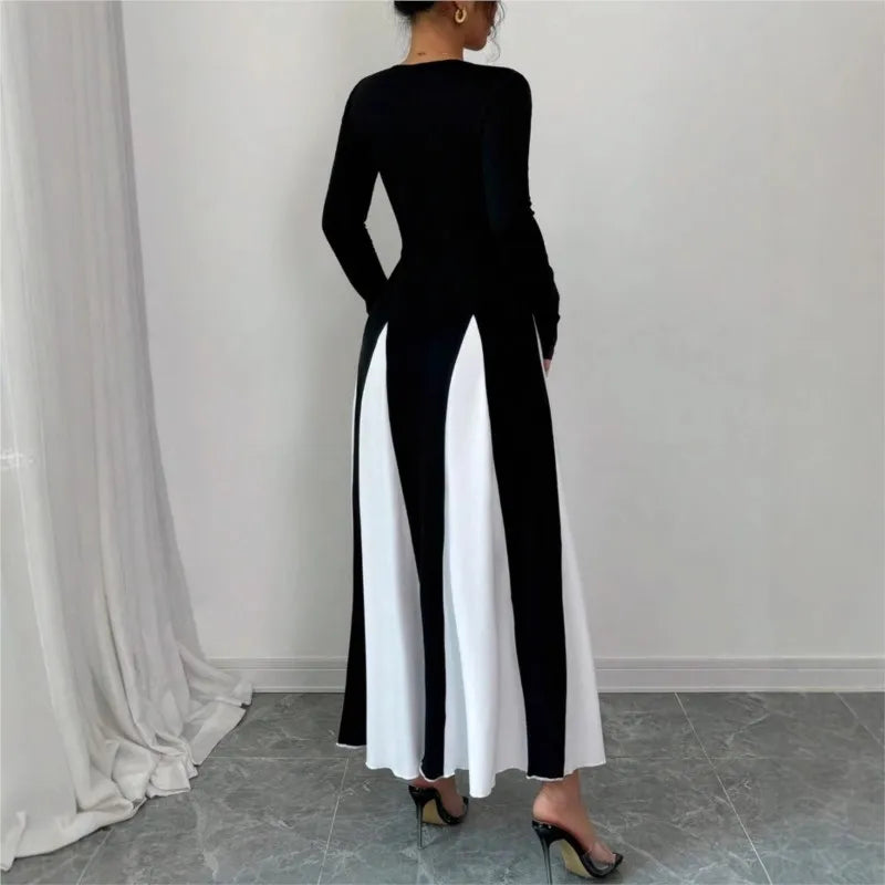 2025 Spring & Autumn Women's Long Sleeve Round Neck A Line Contrast Color Dress, Stylish Black & White Patchwork Long Dress
