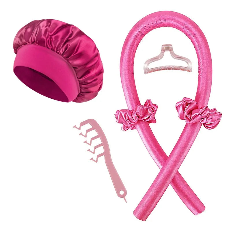 6Pcs Women No-Heat Curly Hair Stick Satin Sleep Cap Set Hair Clip and Ring Comb Sponge Hair Curler Suitable for All Hair Types