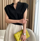 Black V-neck Short Shirt Summer Crop Top Women's Fashion Sleeveless Shirts Elegant Office Lady Clothes Top Casual Blouse